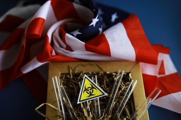 American flag and biohazard sign The concept of American biolabs and research centers