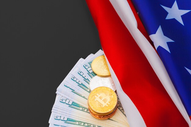 American flag and bitcoin, new economy on the internet