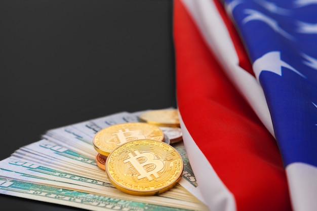 American flag and bitcoin, new economy on the internet
