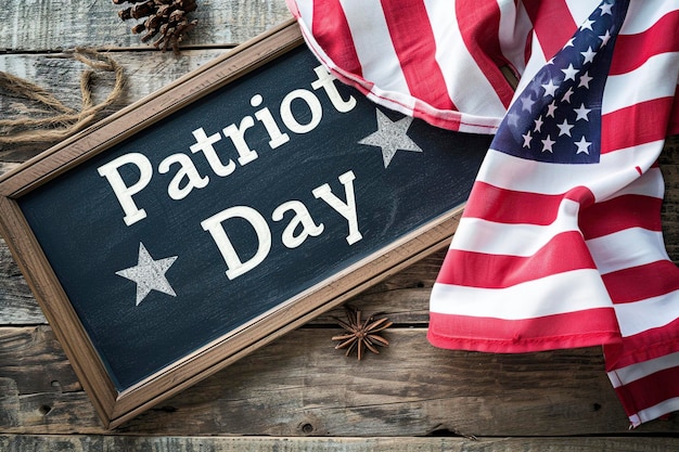 American flag and a blackboard with the words Patriot Day on Veterans Day