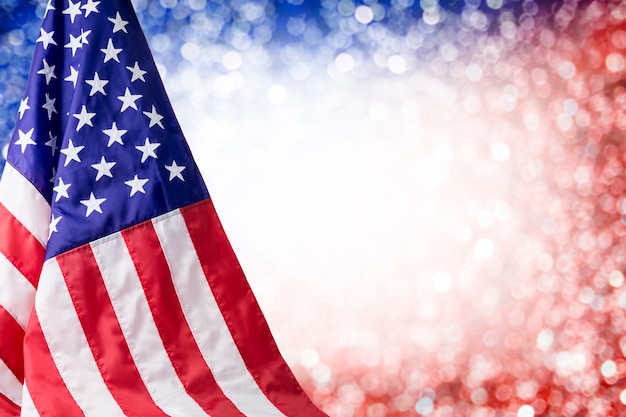 American flag and bokeh background with copy space