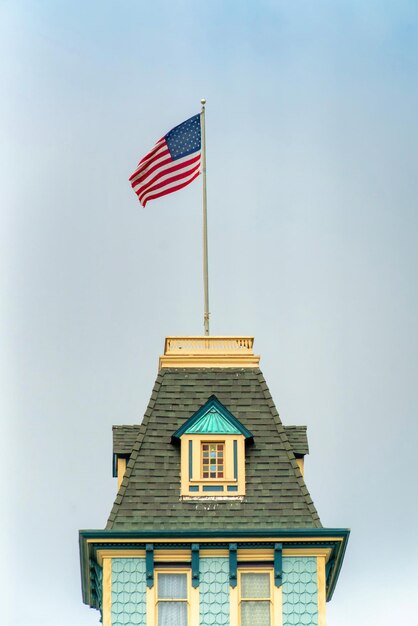 American flag on a building tower