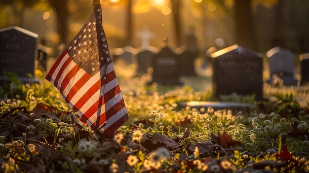 An American flag in a cemetery with a blurred background Happy Memorial Day