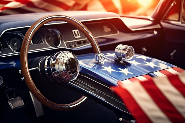 Photo the american flag displayed on the dashboard of a car
