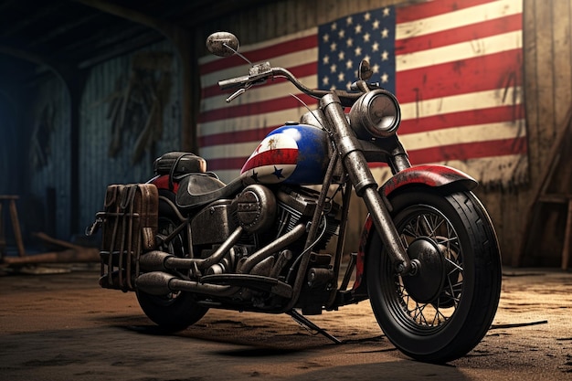 American flag draped over a vintage motorcycle Generative ai