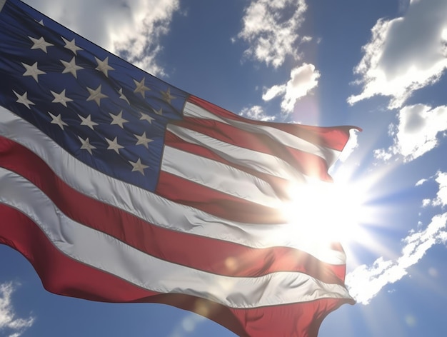 American flag fluttering against sky background