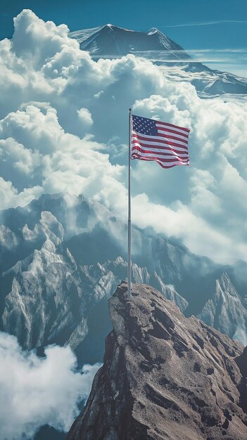 アメリカ国旗が雲と山の頂上で振動している自然背景パノラマ