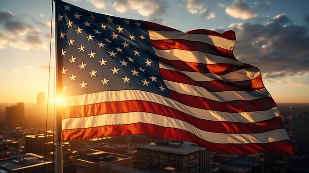 American flag flying A big high building roof and celebrates freedom with American flag Patriotic star pattern symbolizes American pride and unity