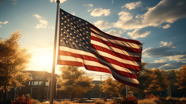 American flag flying in front of a building soli is full of grass clean day view US flag