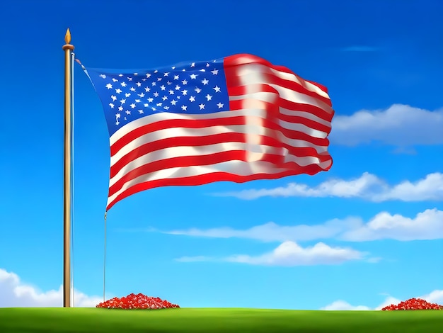 American flag flying at half mast against a backdrop of a serene sky on Memorial Day AI Generate