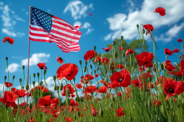 American flag flying in a red poppy field generative by ai