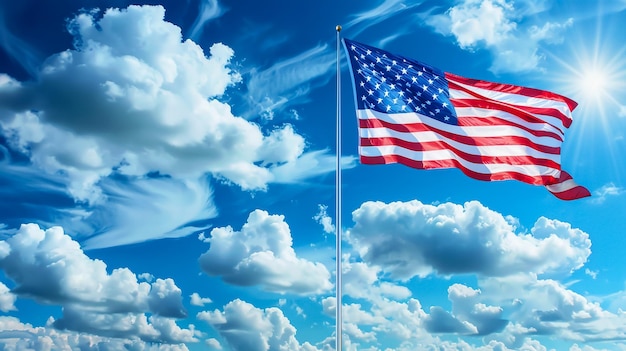 American flag flying in the wind with clouds in the background