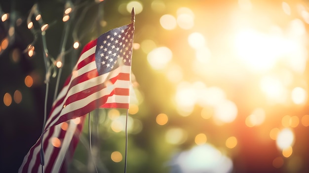 An american flag in front of a bokeh with lights in the background