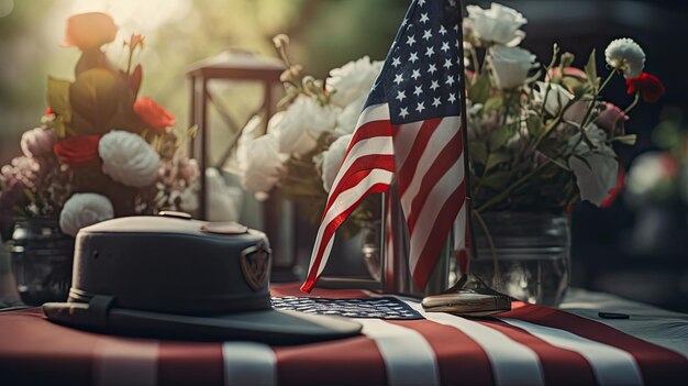 Photo american flag in front of room full of flowers memorial day