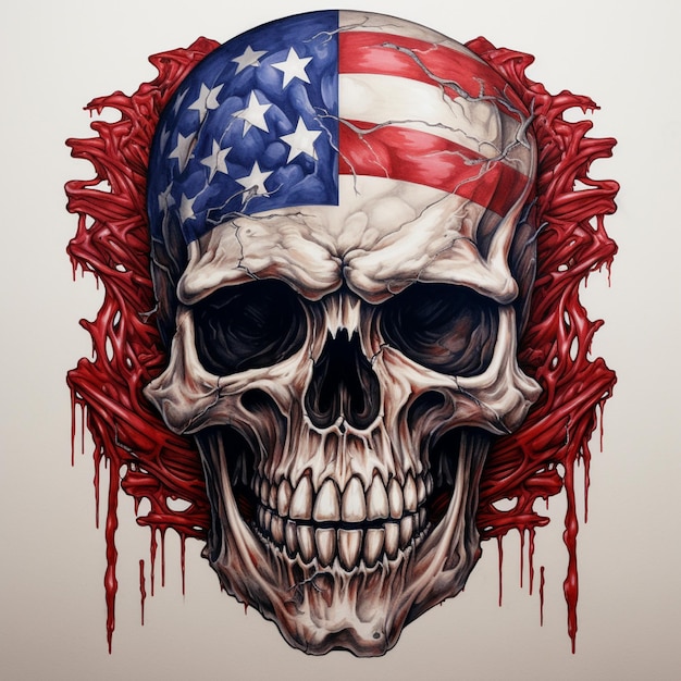 American flag hand drawn facing an evil death skull in the center