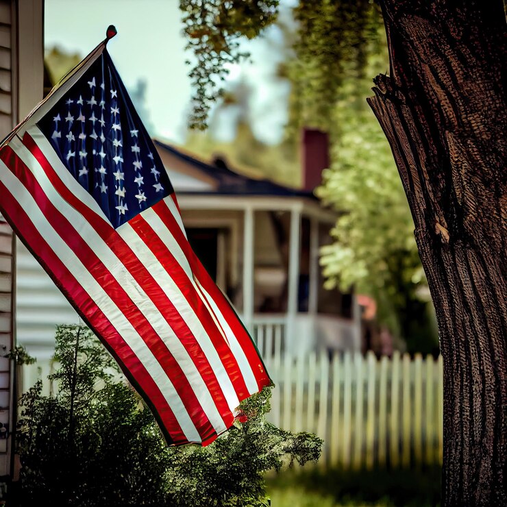 An american flag hanging from a tree in front