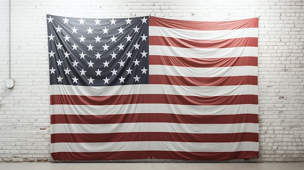 American flag hanging on white brick wall of a roomroom Hanging United States flag on white wall