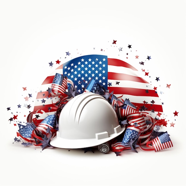 Photo american flag and hard hat on white background 3d illustration labor day concept