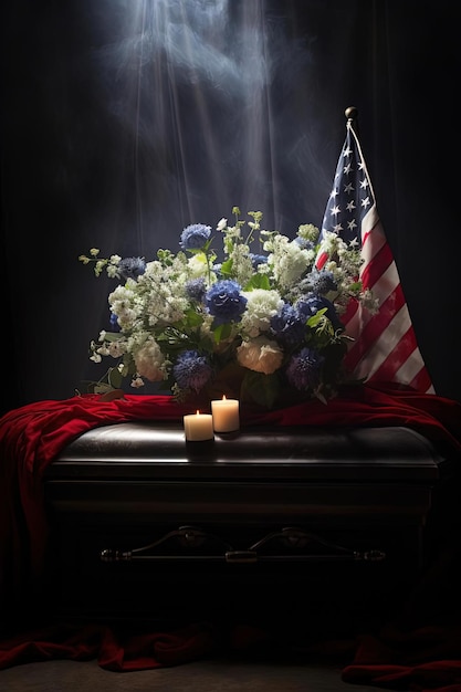 Photo an american flag has been placed on a coffin in the style of floral stilllifes