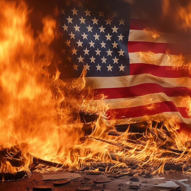 アメリカ国旗は炎に包まれ破壊を象徴している - - ジェネレーティブ・AI