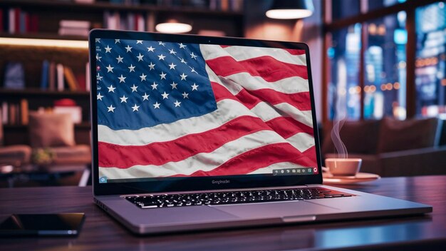 an american flag is on a laptop with a black keyboard