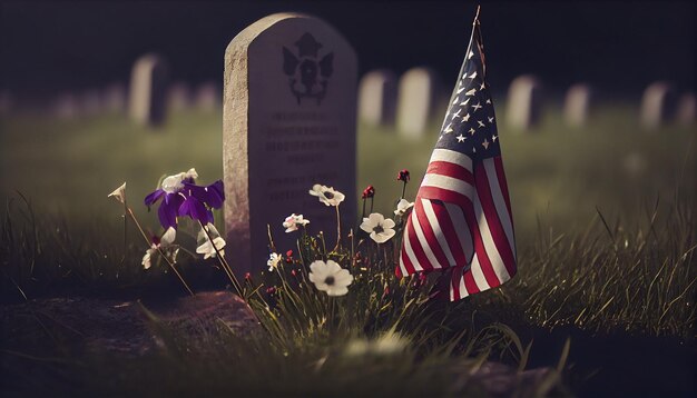 American flag laying on grave at the peaceful flowers Concept National holidays