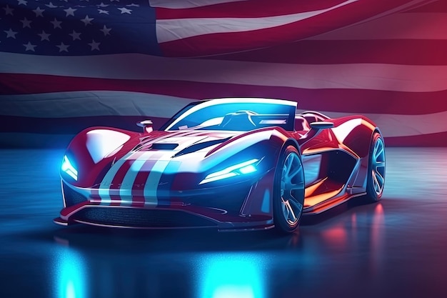 Американский флаг Роскошный футуристический кабриолет спортивный автомобиль иллюстрация генеративный ай