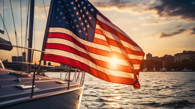 Фото Американский флаг на мачте парусника на закате на фоне города генеративный ии