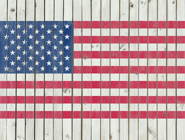 사진 나무 울타리 배경에 그려진 미국 국기, 미국 국기 중복 인쇄, 구호 질감