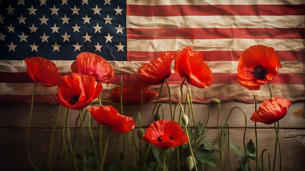 アメリカの国旗とケシの花の背景 Generative Ai