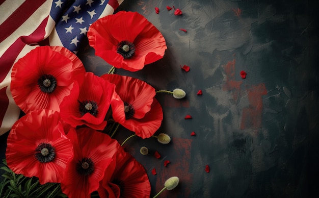 Photo on american flag poppy flower represents american sacrifice on memorial day and veterans day ai