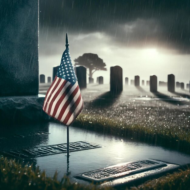 American Flag at Rainy Cemetery Reflecting Solemnity