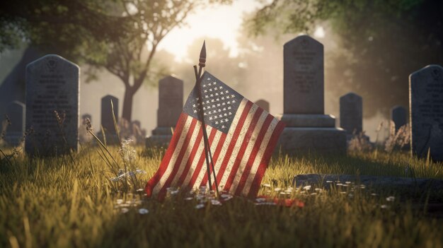 American flag in red white and blue over a cemetery ideal for honoring the fallen for the country generative ai