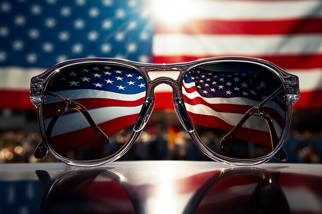 Американский флаг отражается в солнцезащитных очках прохожего