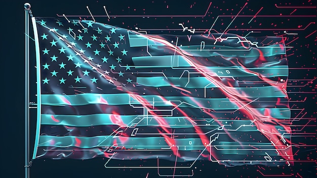 American Flag Reimagined as a Vibrant Digital Glitch Art Banner