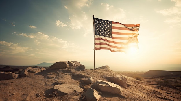 American flag on a rock in the desert