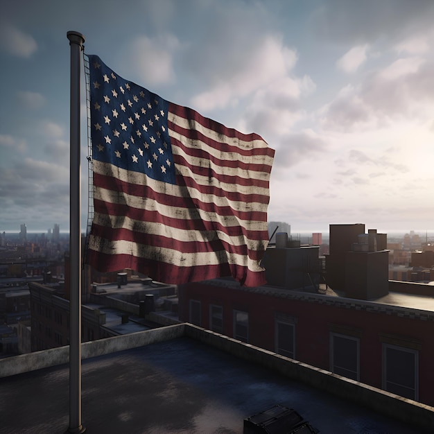 American flag on the roof of a building in new york city