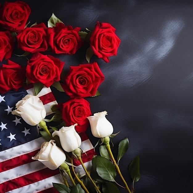 American flag and rose flower on the table symbol of the united states of america and red petals