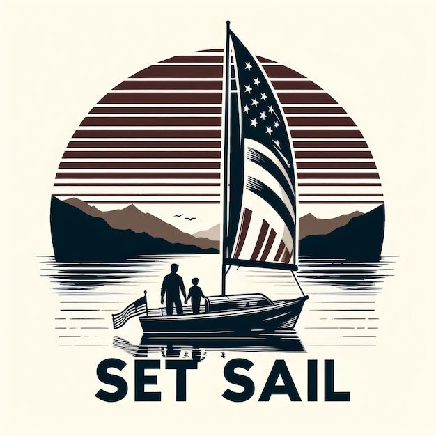 Photo american flag sailboat at sunset with silhouettes