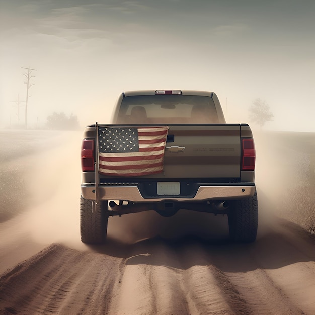 Foto bandiera americana sul lato di un pick-up su una strada sterrata