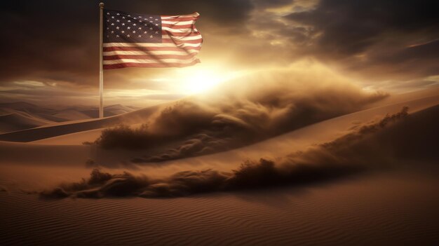 American Flag Soaring Above Sand Dunes