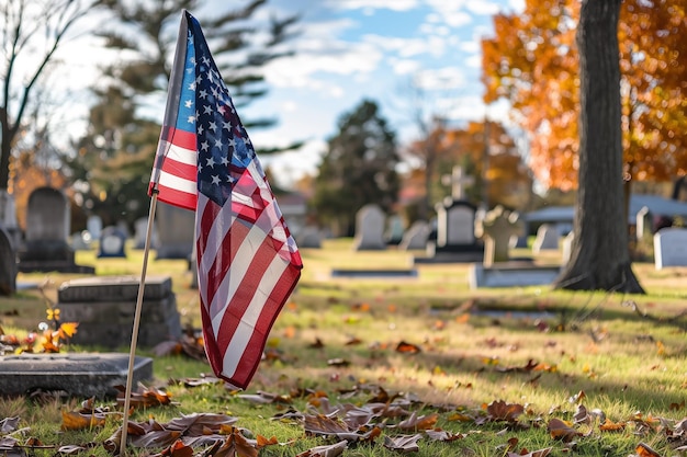 Photo american flag standing on the ground in front of tombstones at a cemetery generative by ai