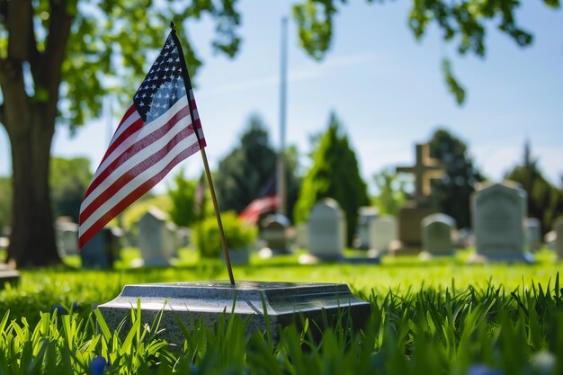 American flag standing on marble tombstone in a cemetery generative by ai