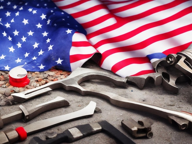 American flag and tools near the helmet international labor day concept