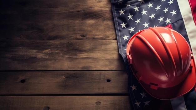 American Flag and Tools Near the Helmet Labor Day Concept