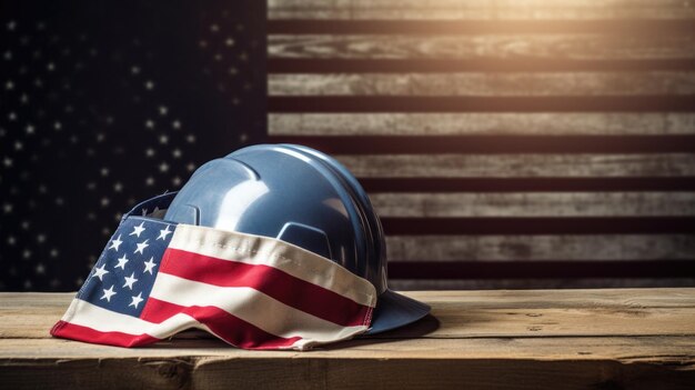American Flag and Tools Near the Helmet Labor Day Concept