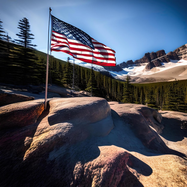 american flag on the top of the mountain