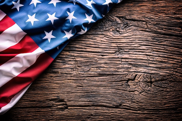 Photo american  flag. usa flag on rustic oak board diagonally.