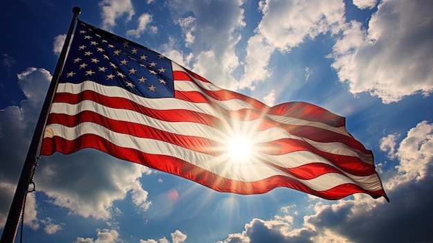 American flag waves in the blue sky generated by AI