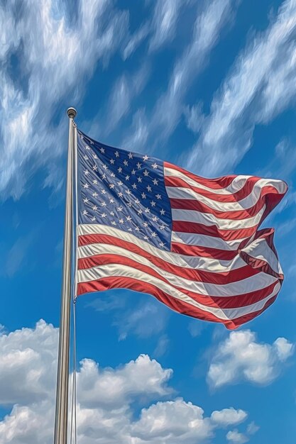 American flag waving against a blue sky created with generative ai